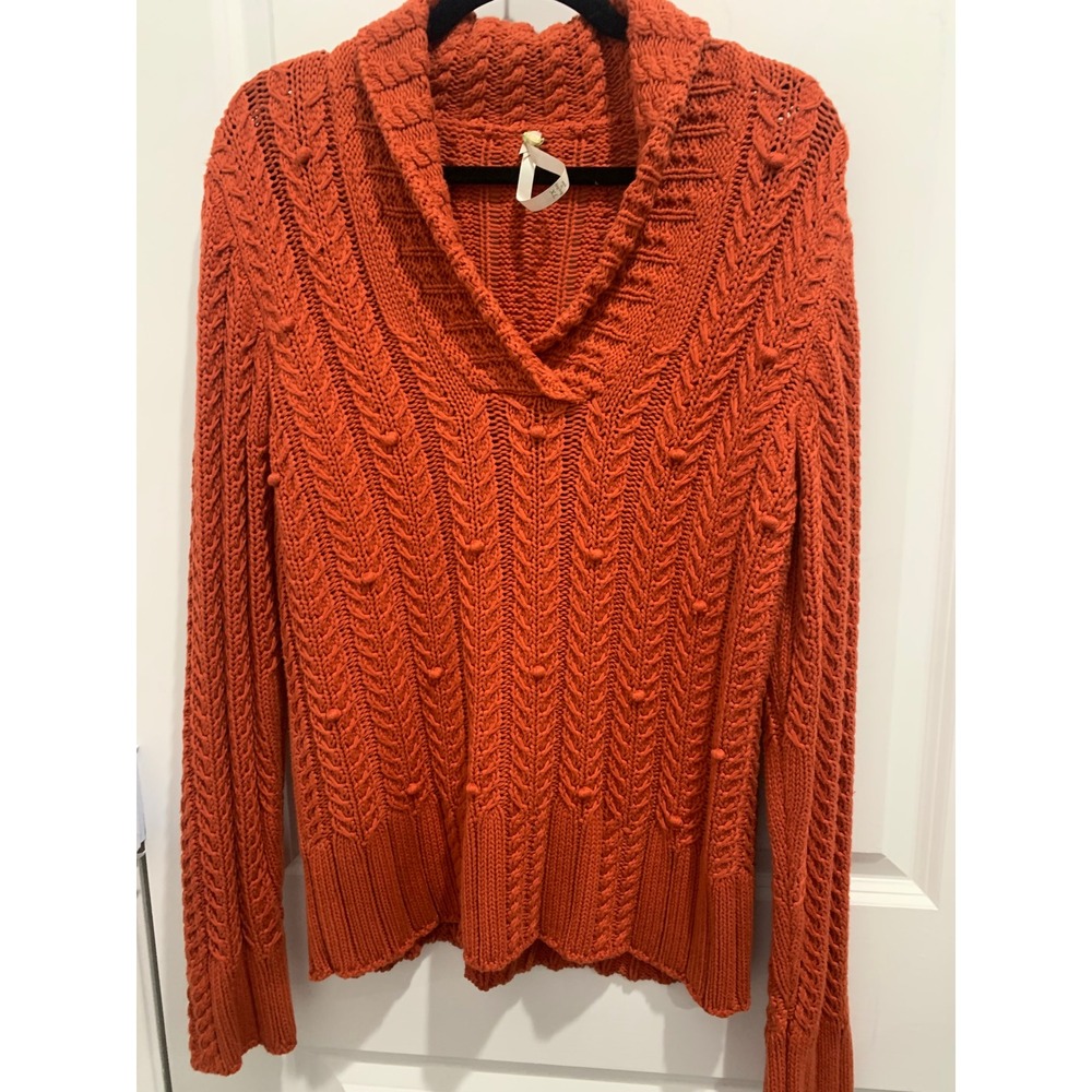 Leo & Nicole Burnt Orange Cable Knit Shawl Collar Sweater XL Bobble Pullover